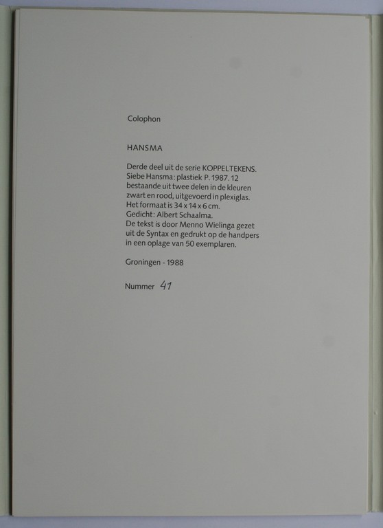 Siebe Hansma (1949) & Albert Schaalma - plastiek p.1987.12 met gedicht – 1988 kopen? Bied vanaf 60!