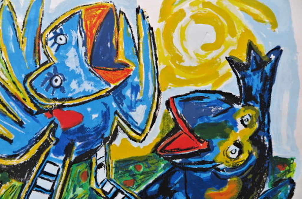 John Lie a Fo - Blue singing birds in the sun - zeefdruk (groot) handgesigneerd kopen? Bied vanaf 1!