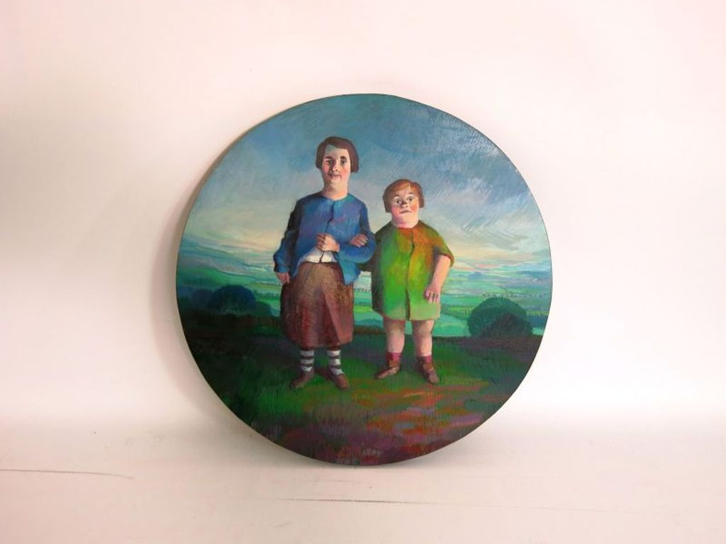 Nico Rijpkamer, olieverf op paneel: Twee debiele vrouwtjes kopen? Bied vanaf 100!