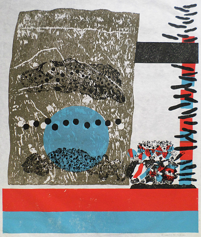 Jef Diederen - Compositie in grijs, rood en blauw, houtsnede op japans kopen? Bied vanaf 60!