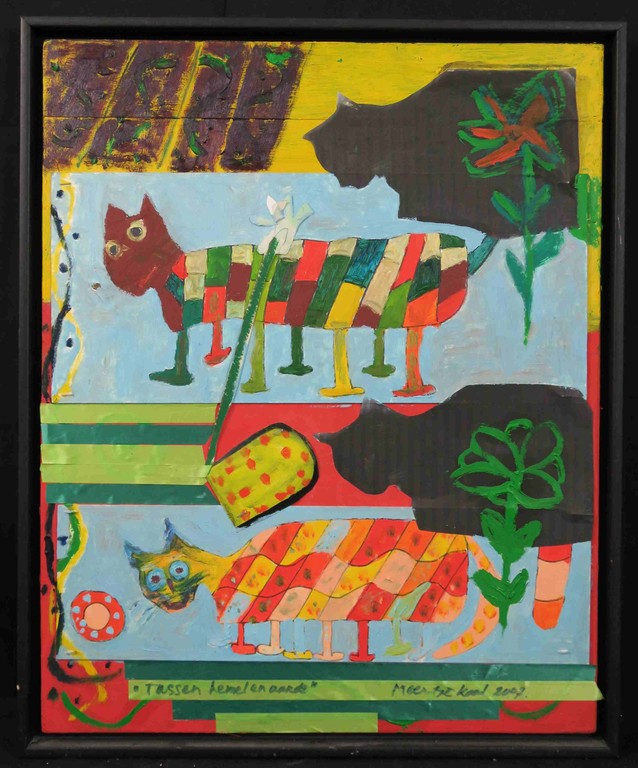 Meertje Kaal: Acryl en Collage op paneel, Tussen hemel en aarde - Ingelijst kopen? Bied vanaf 1!