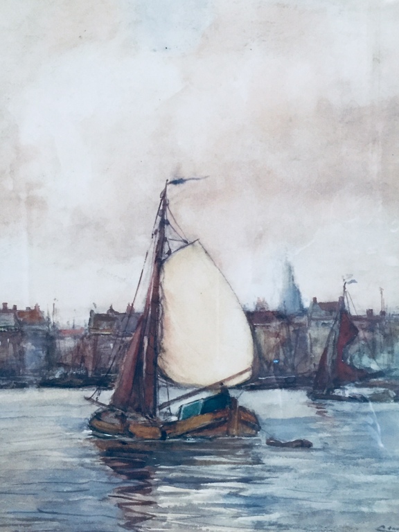 Kees van Waning, aquarel, Boten op het IJ, museumwaardig verkocht voor € 199!