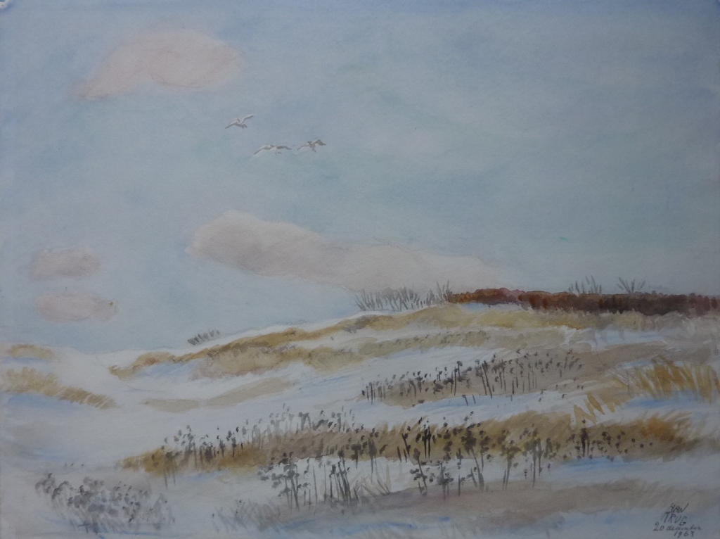 HAN KRUG aquarel "Winterse Duinen" (Den Haag) 1963 verkocht voor € 45!