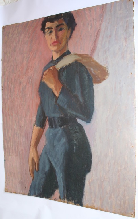 Karel Timmerman - Groot acrylverf op karton - Vrouw in broek-pak kopen? Bied vanaf 20!