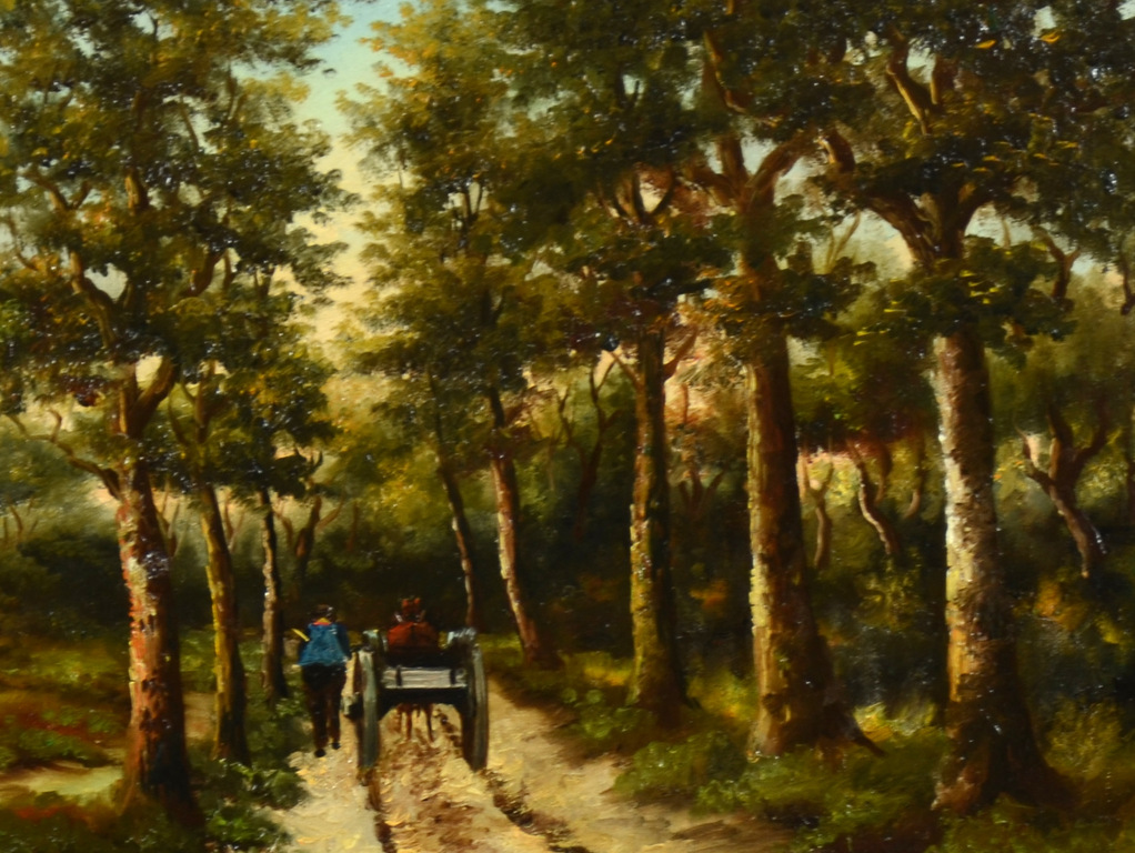 H.H. Ros (1870 - 1954) - Haagse Bos - "Zandweg met bomen, boer. paard en wagen". kopen? Bied vanaf 60!