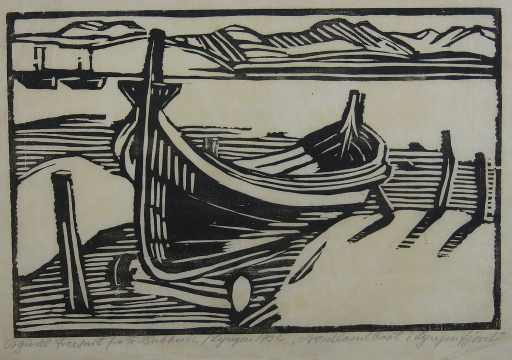 Franz Dubbick: Houtsnede op rijstpapier, Lyngenfjord verkocht voor € 45!