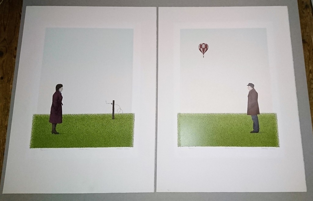 onbekende kunstenaar, 2 zeefdrukken,Rendez-vous 1 en 2 verkocht voor € 40!