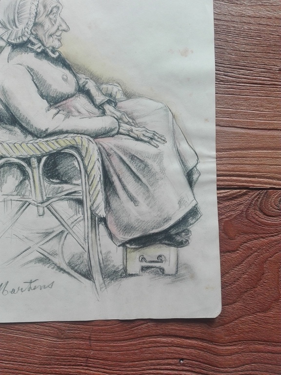 Gijsbert George Martens, Groninger Ploeg potloodtekening, oude zittende vrouw kopen? Bied vanaf 25!