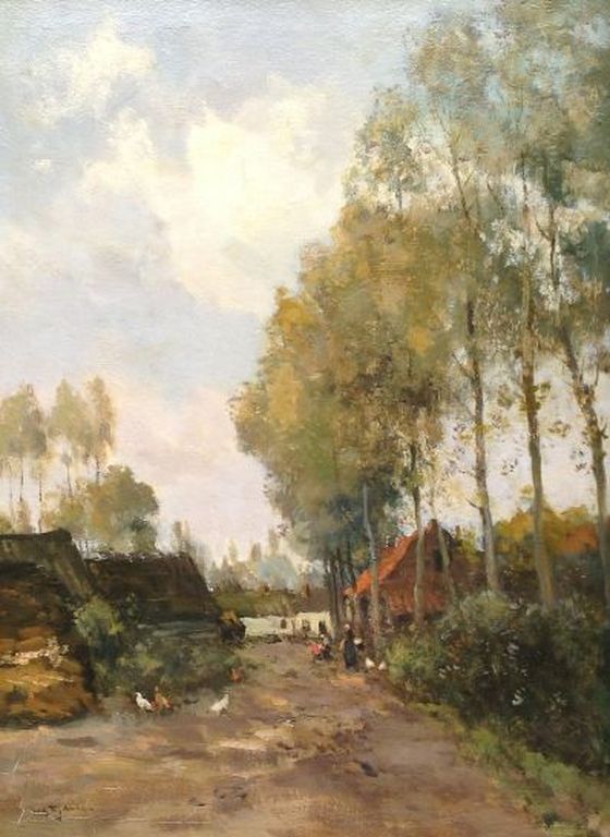 WGF Jansen, olieverf op doek, Laantje met boerderijen en kippen, fraai gelijst verkocht voor € 1500!