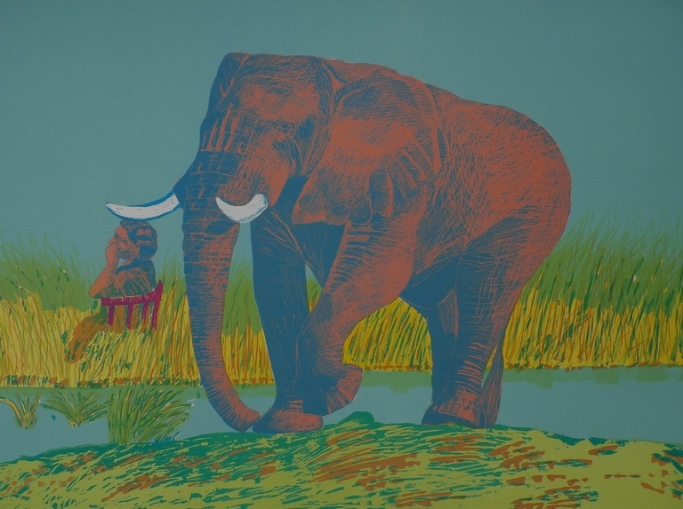  Antonio Segui - litho: Olifant bij water - 1973 verkocht voor € 55!