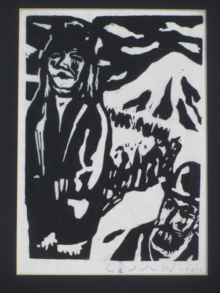 Aad de Haas, Man en vrouw in berglandschap, Houtsnede verkocht voor € 120!