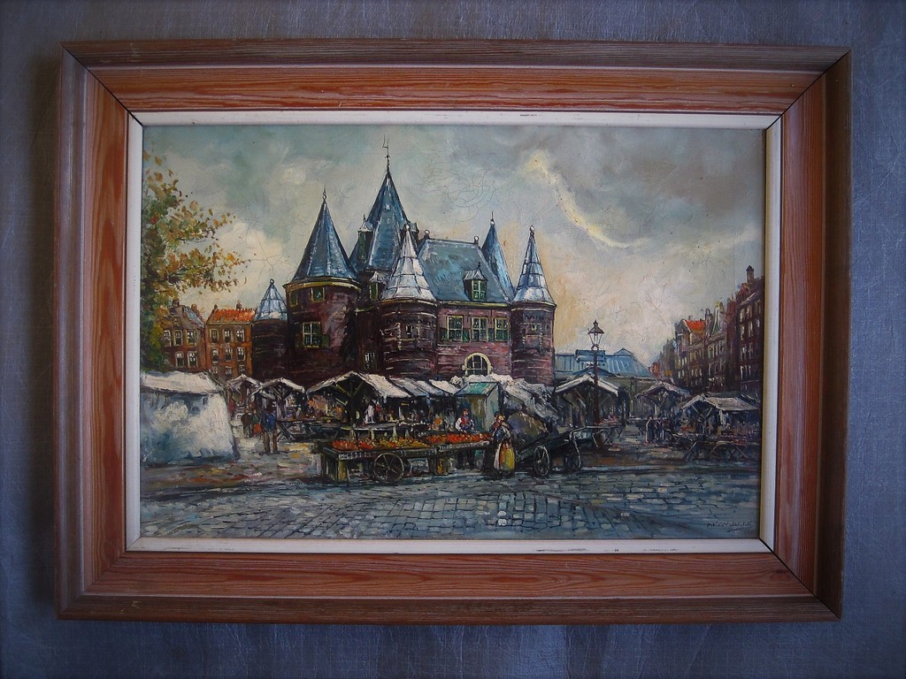 Olieverf ca. 1920 "Amsterdam de Nieuwmarkt met vismarkt" gesigneerd Piet v Beek  kopen? Bied vanaf 1!