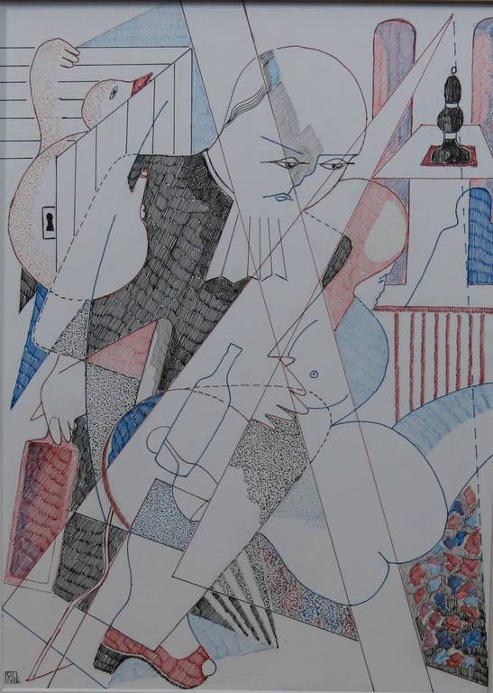 Rien Verschuur: Pentekening op board, Kubistische voorstelling kopen? Bied vanaf 1!