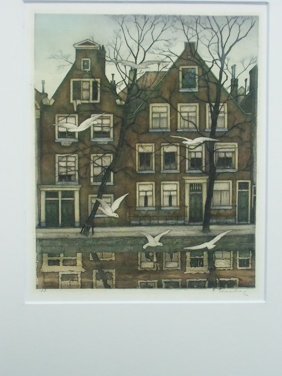 AMSTERDAMSE GRACHT MET MEEUWEN // KLEURETS VAN FRANS EVERBAG verkocht voor € 120!