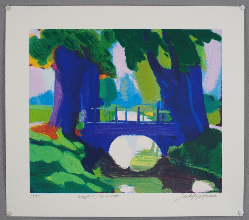 Jentsje Popma - Jentsje Popma: Zeefdruk, Bruggetje bij Giessendam. kopen? Bied vanaf 50!