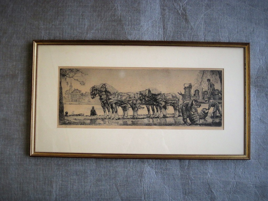 Magnifieke W.G.Hofker  Ets "Amsterdam bierwagen Amstelbrouwerij" gesigneerd  kopen? Bied vanaf 1!