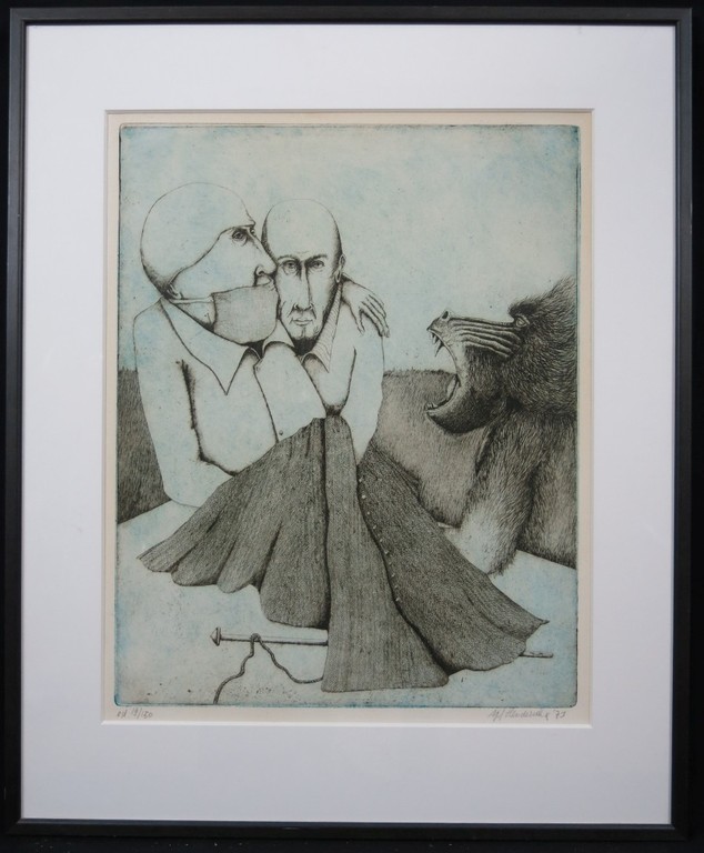 Sjef Henderickx: Ets, Twee mannen en een mandril -Ingelijst kopen? Bied vanaf 35!