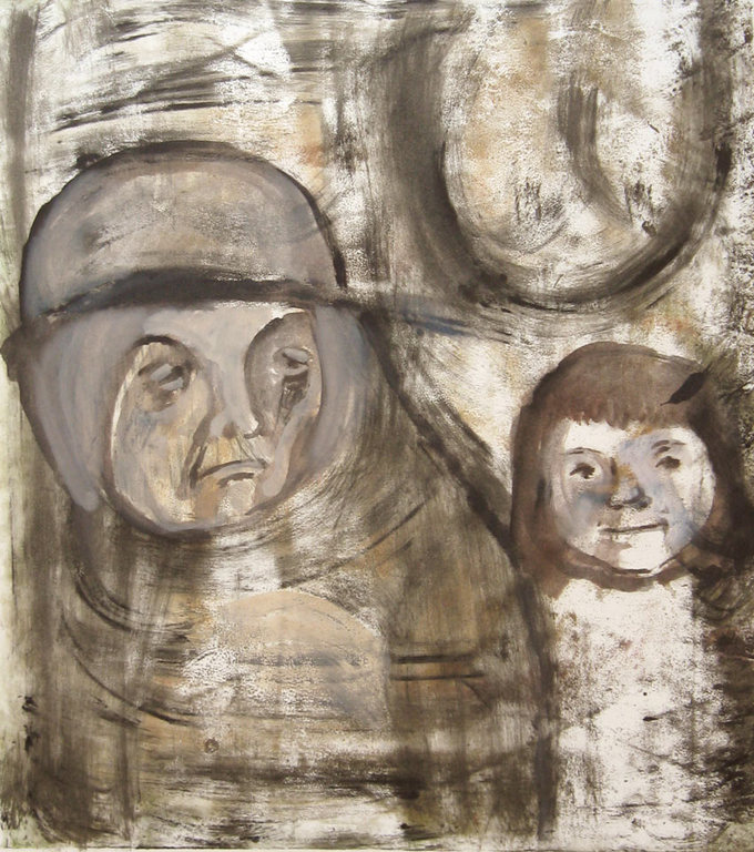 Oude vrouw met meisje - olieverf en monotype op papier - Irene Joffroy kopen? Bied vanaf 1!