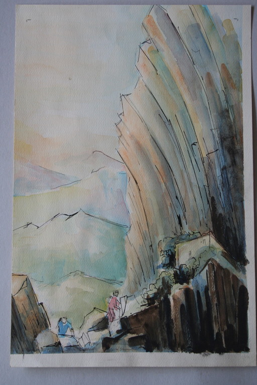 Aquarel en inkt, tafereel in de bergen, gesigneerd kopen? Bied vanaf 1!
