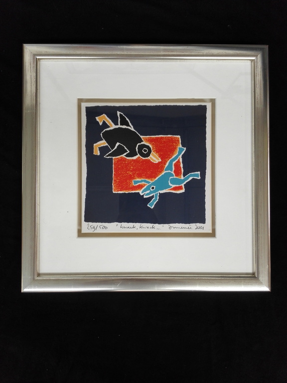 Hans Innemee, zeefdruk op papier in lijst, Titel:  Kwaak kwaak kopen? Bied vanaf 50!