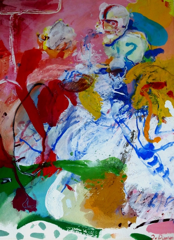 J. van Diemen, Acryl op papier: American Football, handgesigneerd, Aanbieding!!! verkocht voor € 195!