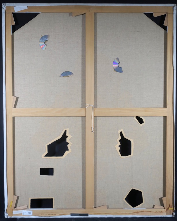 Kriki: Acryl en cd's op doek, Z.T. (Zeer groot) kopen? Bied vanaf 600!