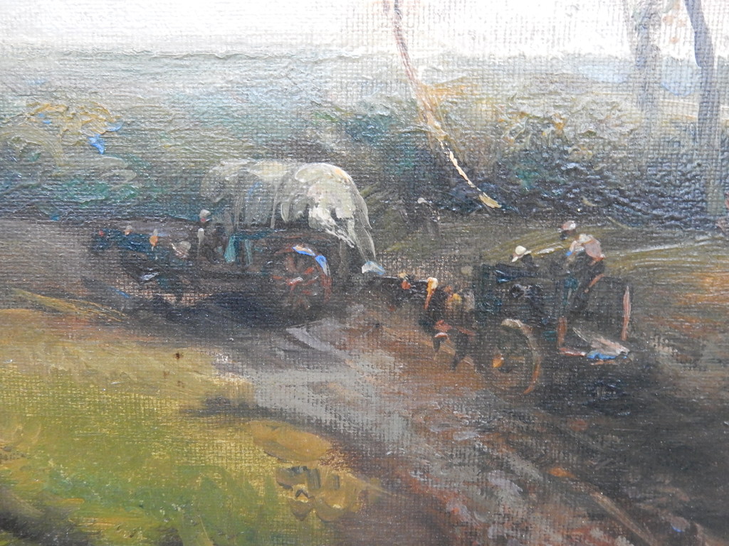 A.J.B.Wouters,olieverf op linnen, paard en wagens in landschap kopen? Bied vanaf 100!