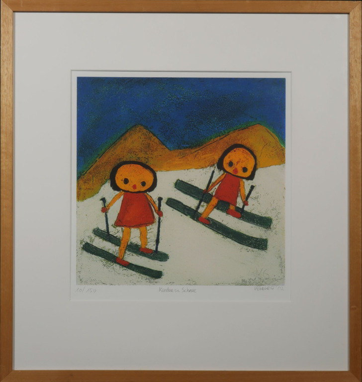 Giovanni Vetere: Zeefdruk, Kinder in Schnee - Ingelijst verkocht voor € 100!