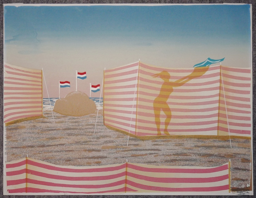 Jurjen Fontein: Zeefdruk, Strandtafereel, Gesigneerd kopen? Bied vanaf 55!