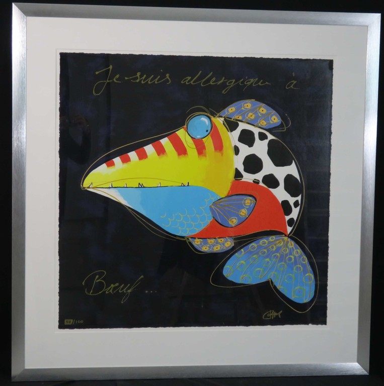 Joyce van Oorschot: Zeefdruk, Je Suis Allergique a Boeuf - Ingelijst (Groot) verkocht voor € 100!