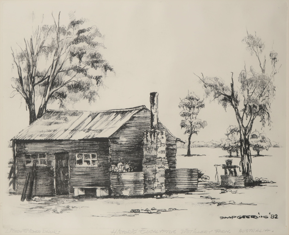 Jaap Geerling: Litho, Historici Eucalyptus distillery farm Australia - Ingelijst kopen? Bied vanaf 1!