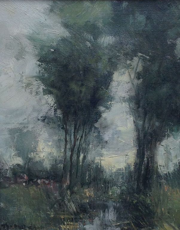 Dorus van Oorschot, olie op doek, bomen in landschap verkocht voor € 80!