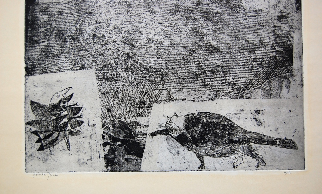 Bouke Ylstra, droge naald ets, Vogel en kat kopen? Bied vanaf 5!