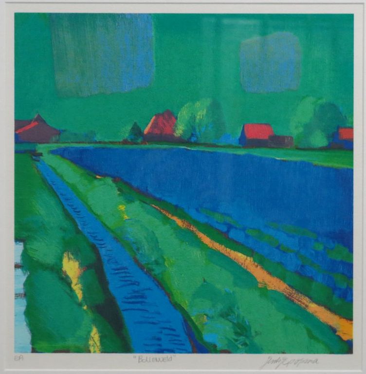 Jentsje Popma: Zeefdruk, Bollenveld - Ingelijst verkocht voor € 120!