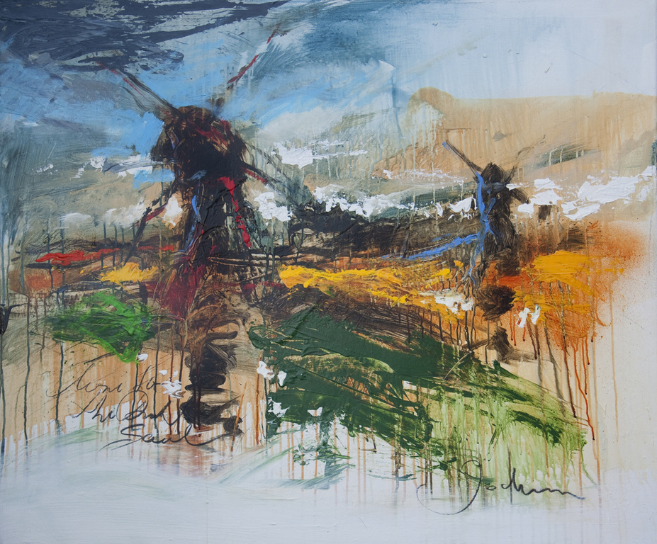 Hans Jochum Bakker - Olieverf op doek - Hollands landschap met molens kopen? Bied vanaf 300!