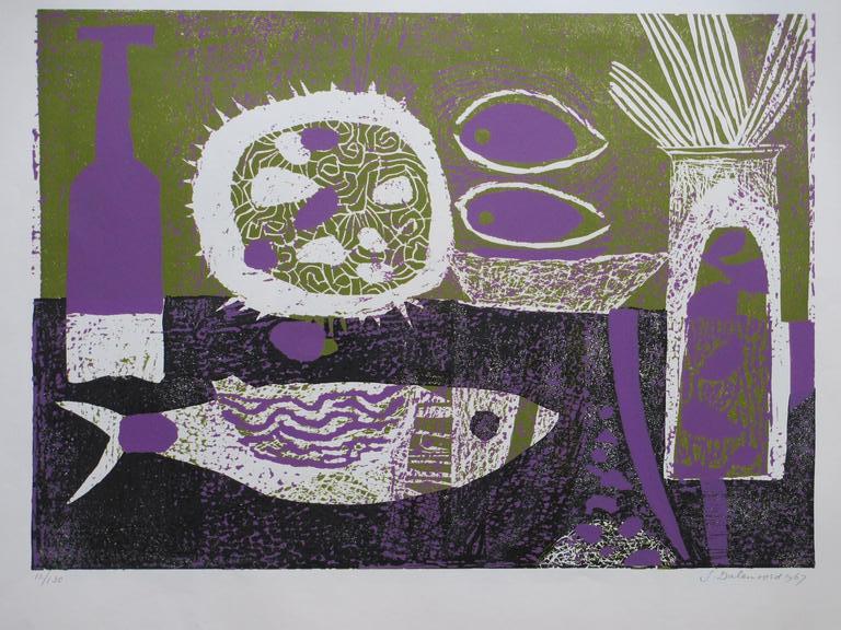 Jenny Dalenoord, Stilleven met vis, Kleurenhoutsnede kopen? Bied vanaf 50!