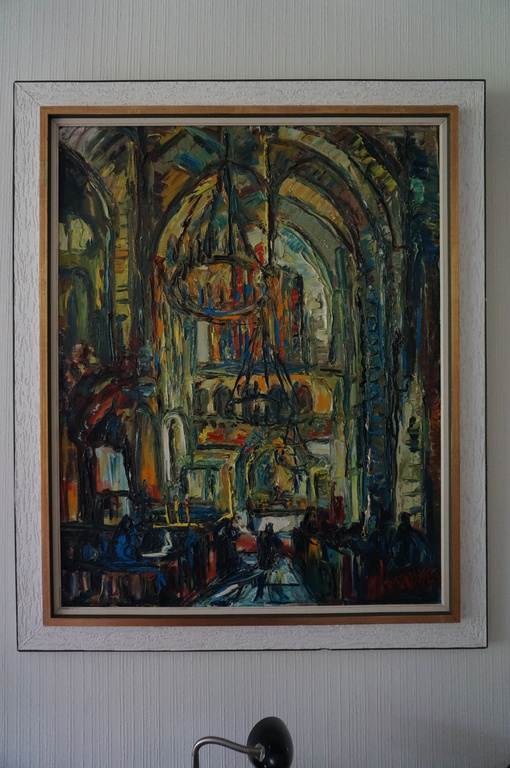 Jan Makkes: Olieverf op doek, Interieur Sint Bavo Kathedraal Haarlem verkocht voor € 170!