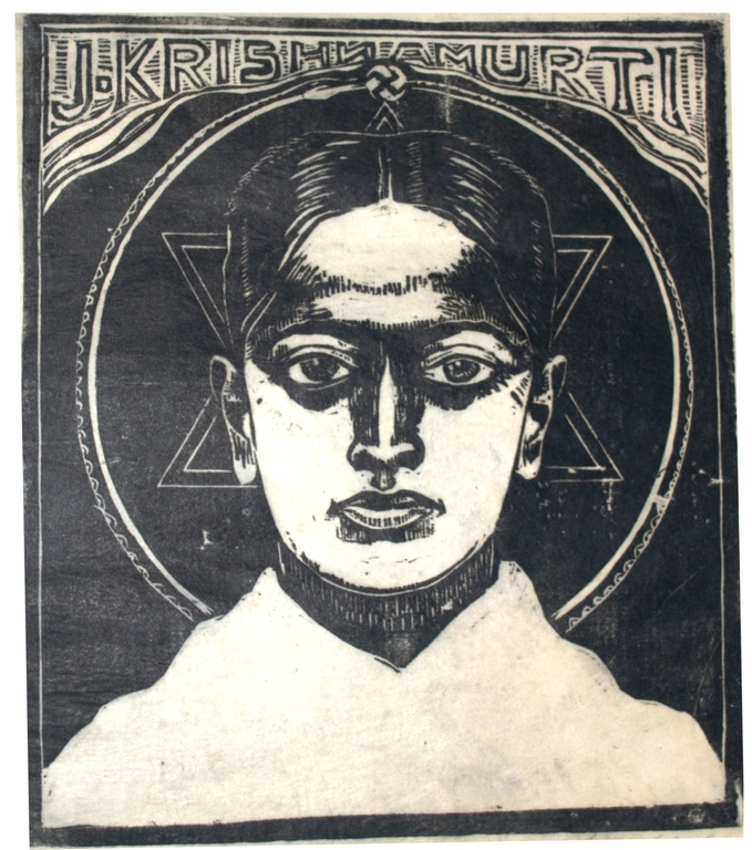 houtsnede, portret J.Krishnamurti (1895-1986), gesigneerd en gedateerd 1926 verkocht voor € 45!