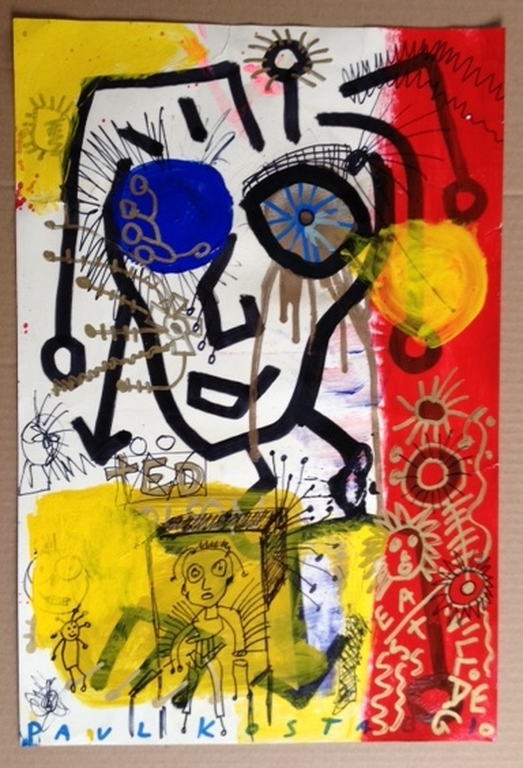 Paul Kostabi, Crumb Snatching- gesigneerde gemengde techniek op papier verkocht voor € 250!