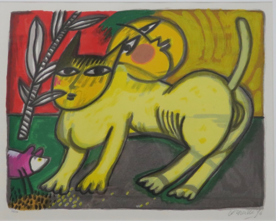 Corneille: Litho, Zonder titel (gele kat) - Ingelijst kopen? Bied vanaf 1!