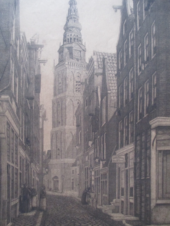 J.W. Lindeman, ets Amsterdam, gezicht op de Oude Kerk vanuit de Wijde Kerksteeg. kopen? Bied vanaf 1!