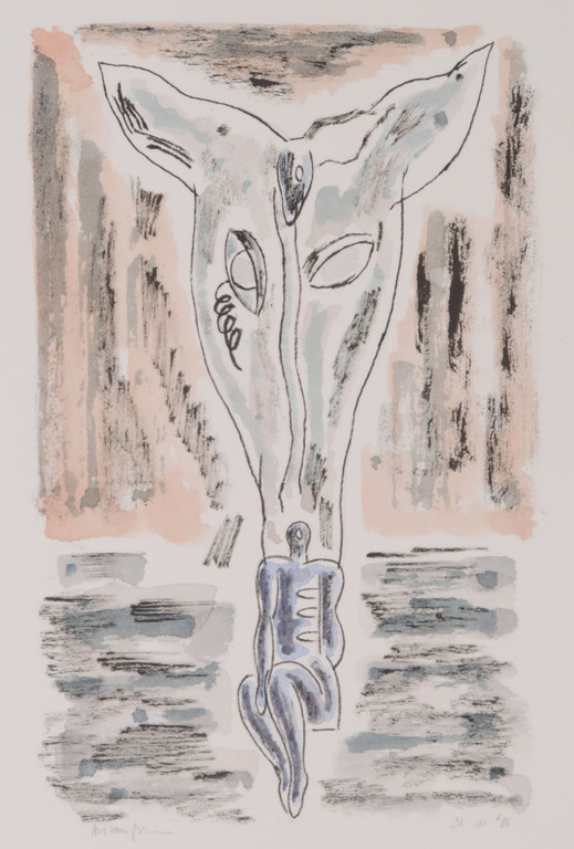 Arie van Geest: Aquarel en Pen, Z.T. Dierenkop en figuur verkocht voor € 40!