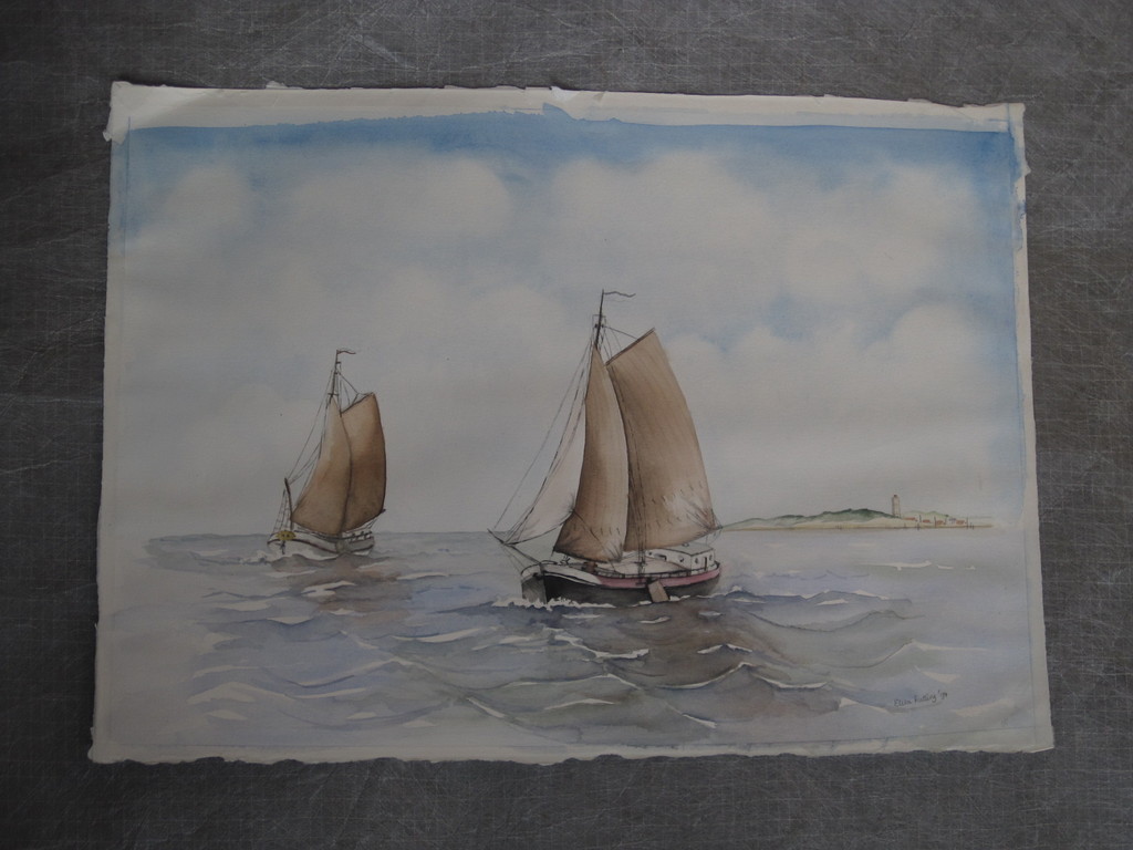 Grote aquarel "Botters op een rustige waddenzee bij Terschelling" gesigneerd kopen? Bied vanaf 1!