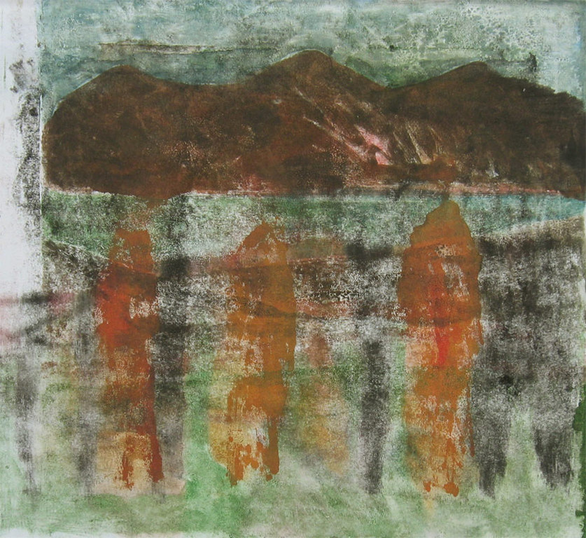 DRIE GEDAANTEN IN LANDSCHAP - monotype en olieverf op papier, Irene Joffroy verkocht voor € 64!