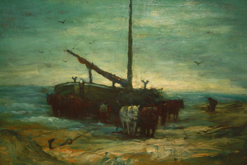 BOMSCHUIT MET PAARDEN AAN HET STRAND 1928 door VAN TOL verkocht voor € 300!