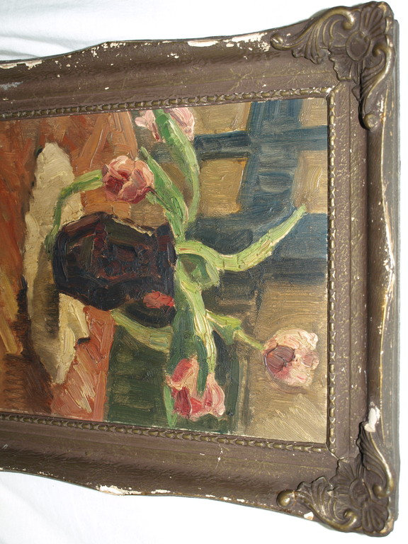 Onduidelijke signatuur : Olieverf op paneel – Vaas tulpen – Ingelijst - Oud kopen? Bied vanaf 1!
