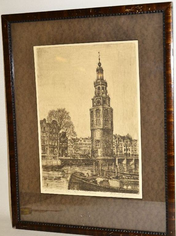 Marius Jansen: Ets Montelbaanstoren, Amsterdam. Ingelijst kopen? Bied vanaf 1!