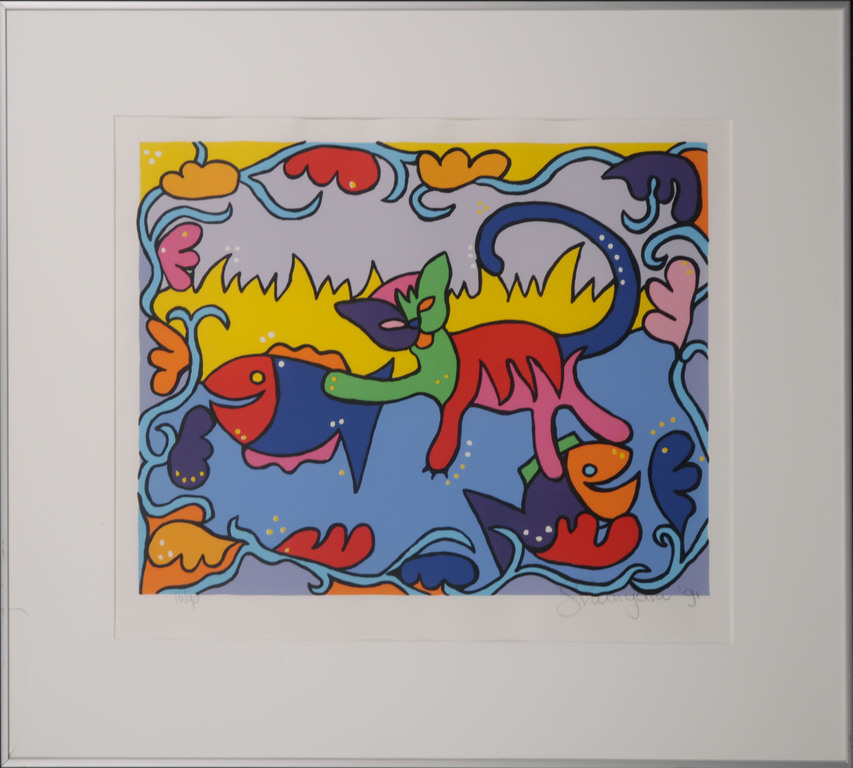 Shunyam: Zeefdruk, Z.T. vissen en kat - Ingelijst verkocht voor € 40!