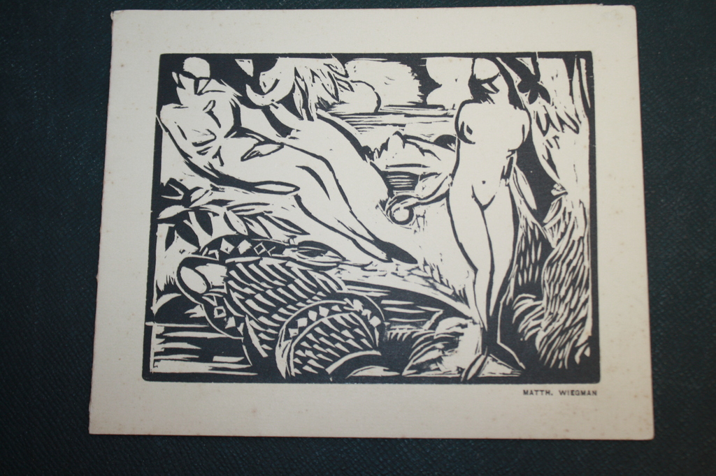 MATTH WIEGMAN - EXPO UITNODIGING STEDELIJK 1926 - HOUTSNEDE NAAKTEN verkocht voor € 35!