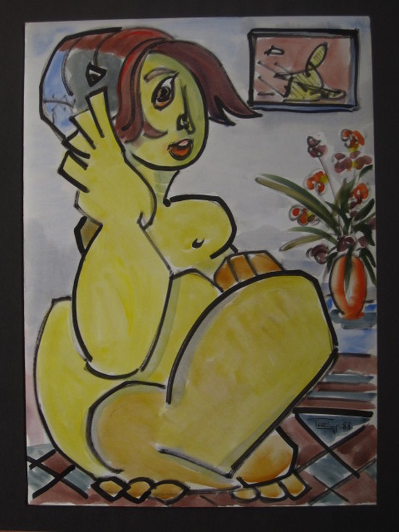 Suriname expressionist Quintus Jan Telting 1931-2003 "naakt met bloemen" gesigd verkocht voor € 130!